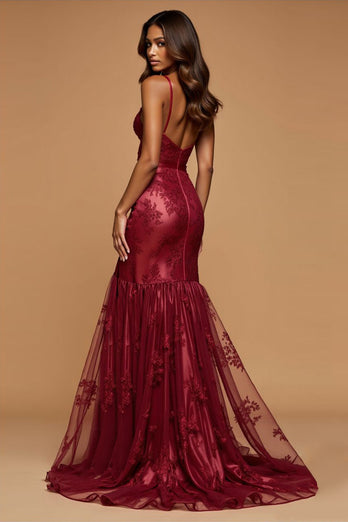 Sparkly Dark Red Mermaid Tulle V-Neck Long Prom Dress with Appliques