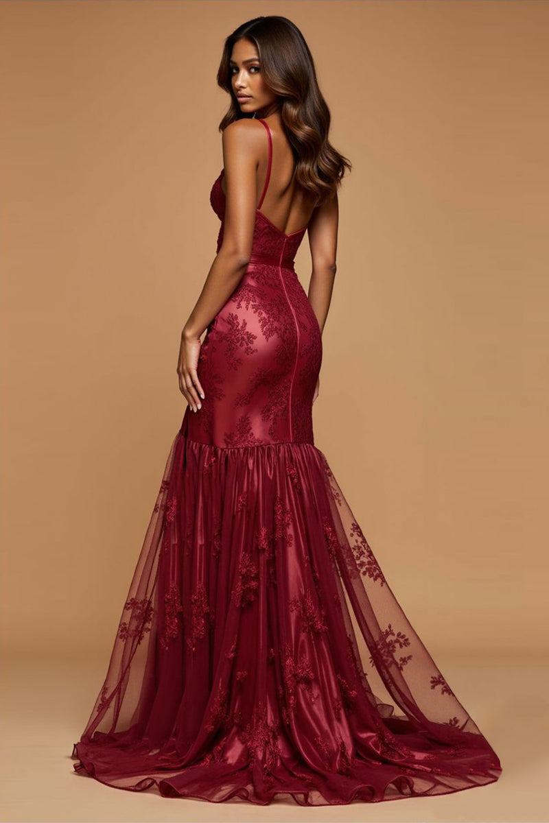 Load image into Gallery viewer, Sparkly Dark Red Mermaid Tulle V-Neck Long Prom Dress with Appliques