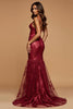 Load image into Gallery viewer, Sparkly Dark Red Mermaid Tulle V-Neck Long Prom Dress with Appliques