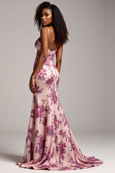 Blush Flower Mermaid Satin V-Neck Long Prom Dress with Slit