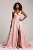 Load image into Gallery viewer, Corset Blush Pink A Line Satin V-Neck Long Prom Dress with Slit