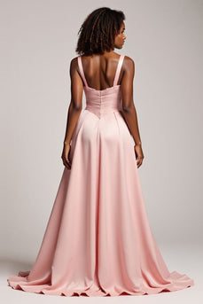 Corset Blush Pink A Line Satin V-Neck Long Prom Dress with Slit