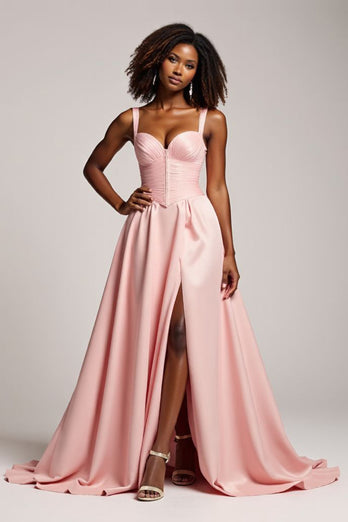 Corset Blush Pink A Line Satin V-Neck Long Prom Dress with Slit