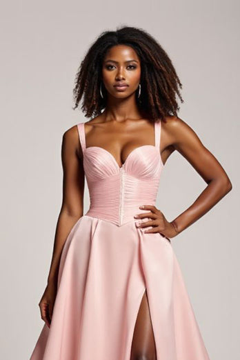 Corset Blush Pink A Line Satin V-Neck Long Prom Dress with Slit