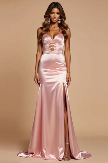 Blush Pink Mermaid Satin V-Neck Long Prom Dress with Slit