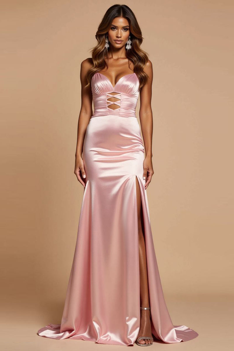 Load image into Gallery viewer, Blush Pink Mermaid Satin V-Neck Long Prom Dress with Slit