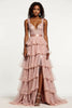 Load image into Gallery viewer, Sparkly Dusty Rose A Line Tiered Long Tulle Prom Dress with Sequins