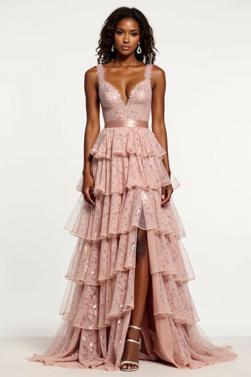 Load image into Gallery viewer, Sparkly Dusty Rose A Line Tiered Long Tulle Prom Dress with Sequins