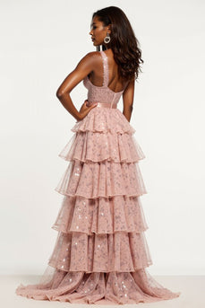 Sparkly Dusty Rose A Line Tiered Long Tulle Prom Dress with Sequins