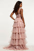 Load image into Gallery viewer, Sparkly Dusty Rose A Line Tiered Long Tulle Prom Dress with Sequins