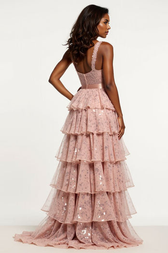 Sparkly Dusty Rose A Line Tiered Long Tulle Prom Dress with Sequins