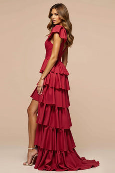 Elegant Dark Red A Line Satin Tiered Long Prom Dress with Slit