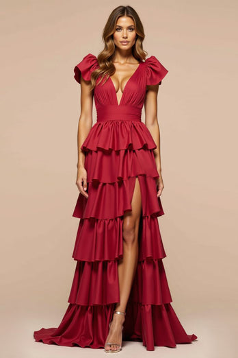 Elegant Dark Red A Line Satin Tiered Long Prom Dress with Slit