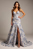 Load image into Gallery viewer, Blue Flower Mermaid Satin V-Neck Long Prom Dress with Slit