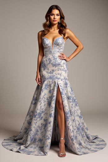 Blue Flower Mermaid Satin V-Neck Long Prom Dress with Slit