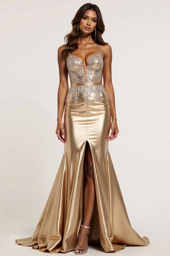 Metallic Golden Mermaid Appliqued Long Prom Dress with Slit