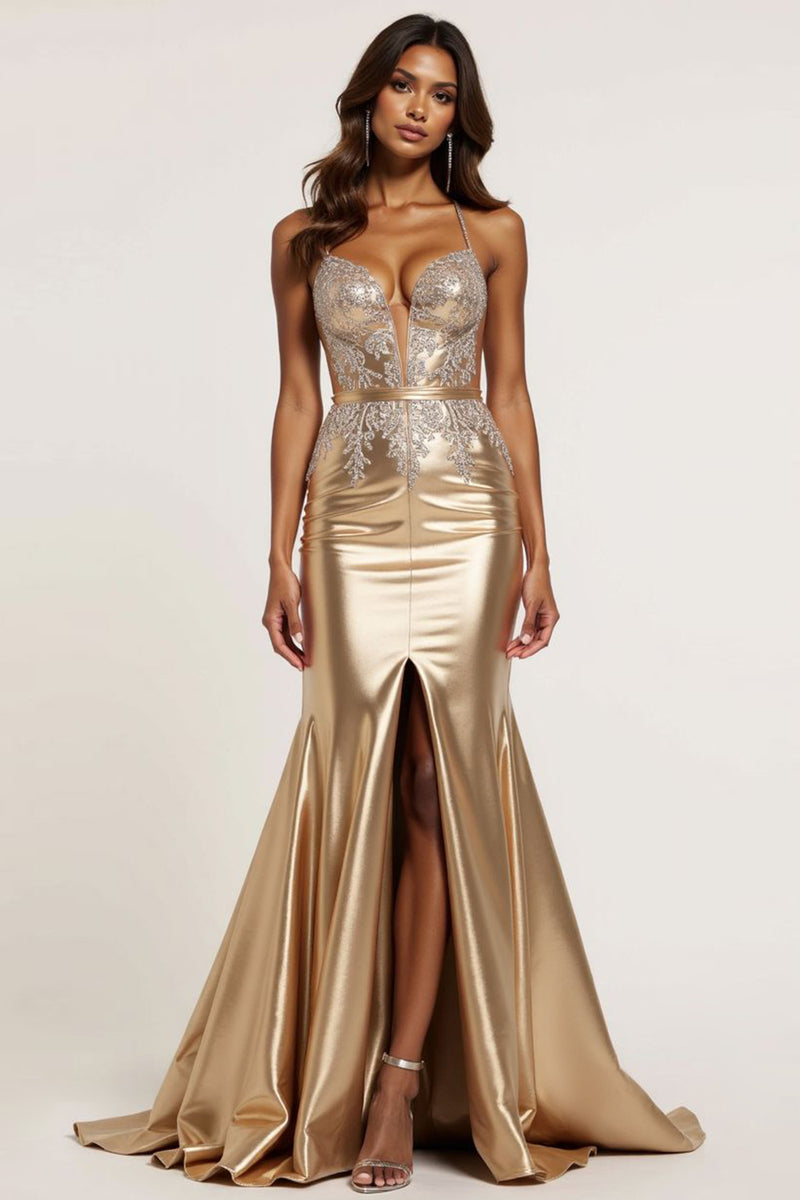 Load image into Gallery viewer, Metallic Golden Mermaid Appliqued Long Prom Dress with Slit