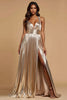 Load image into Gallery viewer, Metallic Golden A Line Pleated V-Neck Long Prom Dress with Beading