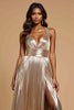 Load image into Gallery viewer, Metallic Golden A Line Pleated V-Neck Long Prom Dress with Beading