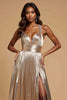 Load image into Gallery viewer, Metallic Golden A Line Pleated V-Neck Long Prom Dress with Beading