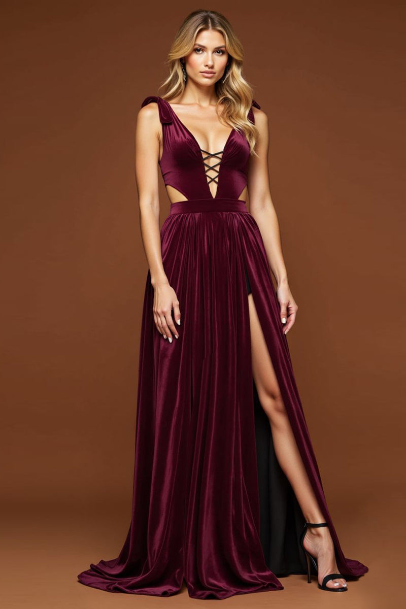 Load image into Gallery viewer, Purple A Line Velvet Pleated Cut-Out Deep V-Neck Long Prom Dress with Slit