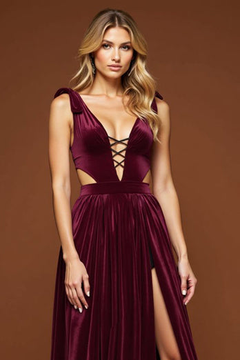 Purple A Line Velvet Pleated Cut-Out Deep V-Neck Long Prom Dress with Slit