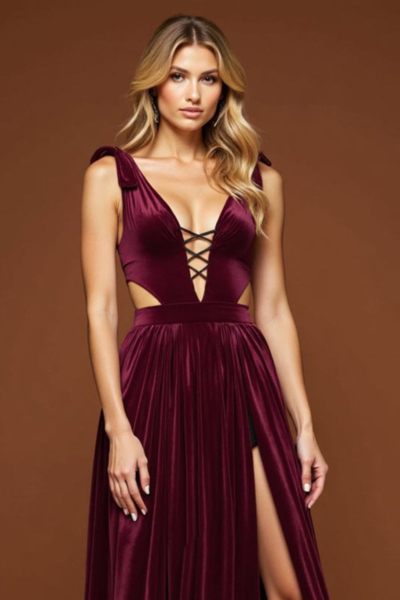 Load image into Gallery viewer, Purple A Line Velvet Pleated Cut-Out Deep V-Neck Long Prom Dress with Slit