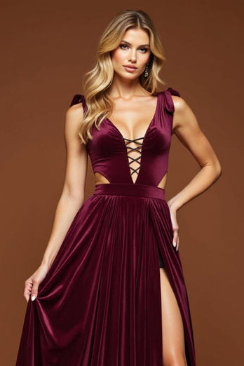 Purple A Line Velvet Pleated Cut-Out Deep V-Neck Long Prom Dress with Slit