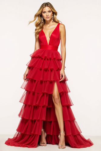 Red A Line Tulle Deep V-Neck Long Tiered Prom Dress with Slit