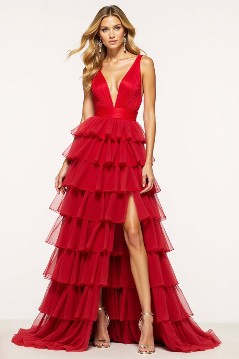 Load image into Gallery viewer, Red A Line Tulle Deep V-Neck Long Tiered Prom Dress with Slit