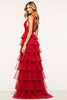 Load image into Gallery viewer, Red A Line Tulle Deep V-Neck Long Tiered Prom Dress with Slit