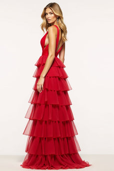 Red A Line Tulle Deep V-Neck Long Tiered Prom Dress with Slit