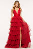 Load image into Gallery viewer, Red A Line Tulle Deep V-Neck Long Tiered Prom Dress with Slit