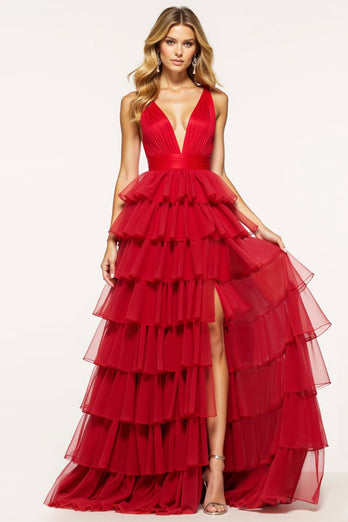 Red A Line Tulle Deep V-Neck Long Tiered Prom Dress with Slit