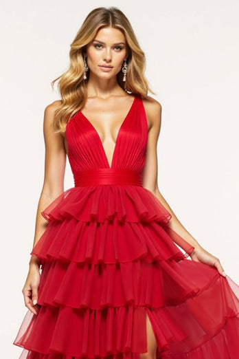 Red A Line Tulle Deep V-Neck Long Tiered Prom Dress with Slit