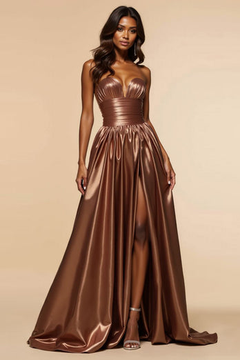 Corset Brown A Line Satin Sweetheart Long Prom Dress with Silt