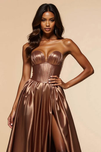 Corset Brown A Line Satin Sweetheart Long Prom Dress with Silt