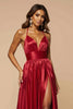 Load image into Gallery viewer, Dark Red A Line Satin Pleated V-Neck Long Prom Dress with Slit