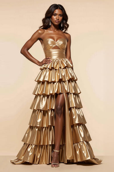 Golden A Line Tiered Sweetheart Long Satin Prom Dress