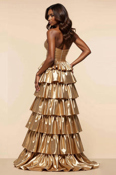 Golden A Line Tiered Sweetheart Long Satin Prom Dress