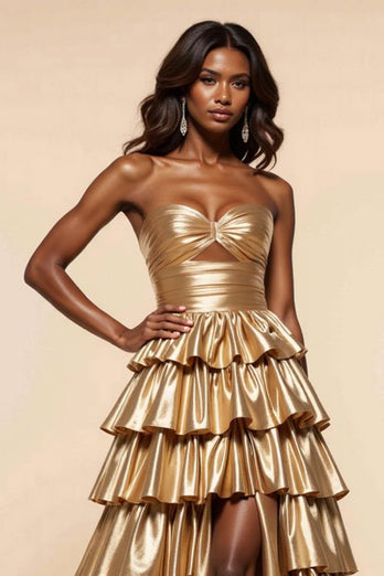 Golden A Line Tiered Sweetheart Long Satin Prom Dress