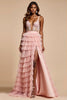 Load image into Gallery viewer, Blush Pink A Line Tulle Tiered Long Corset Prom Dress with Slit