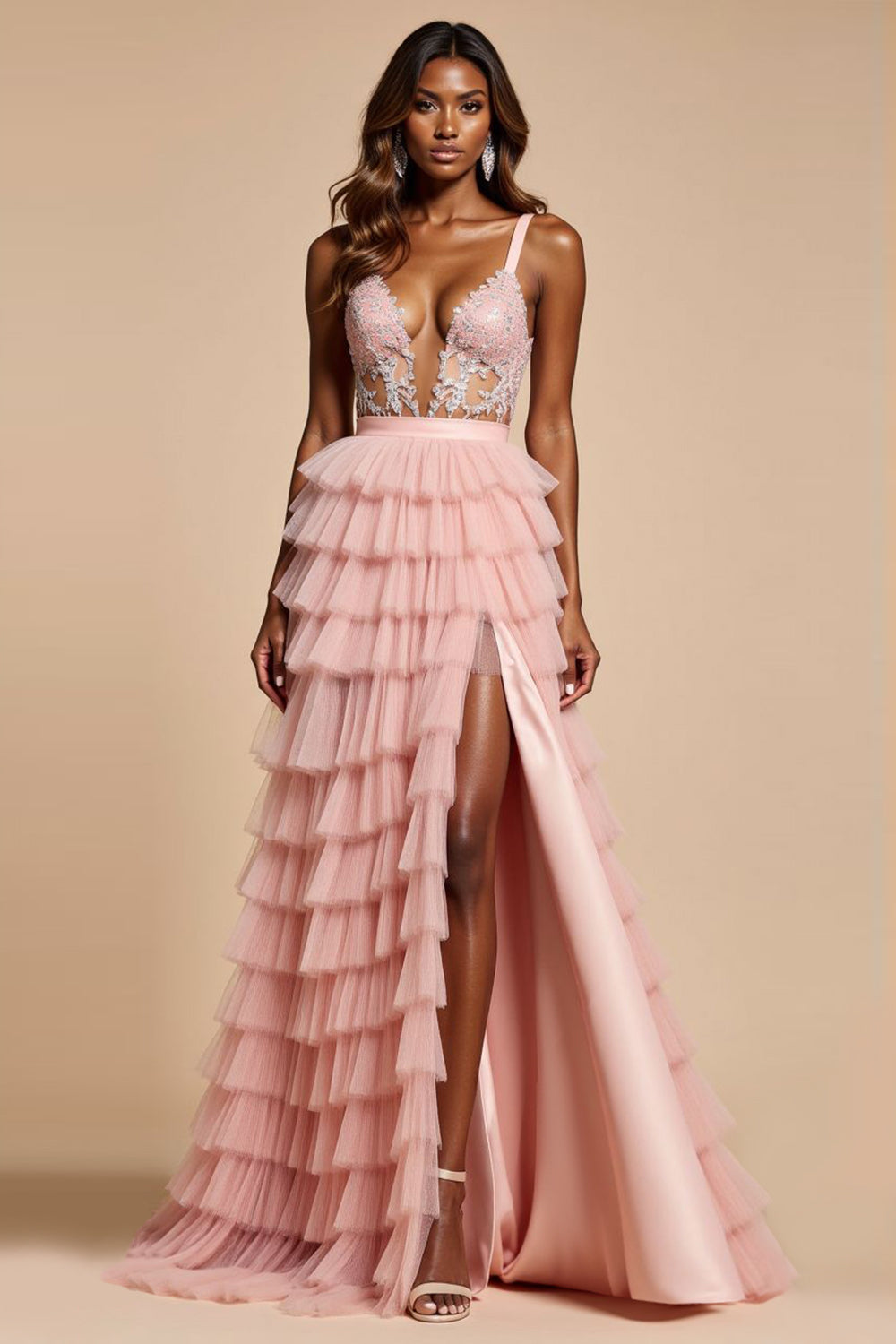 Blush Pink A Line Tulle Tiered Long Corset Prom Dress with Slit