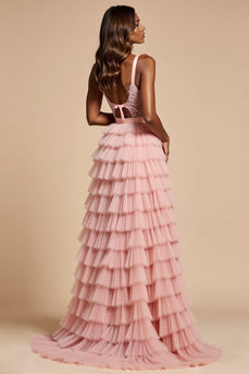 Blush Pink A Line Tulle Tiered Long Corset Prom Dress with Slit