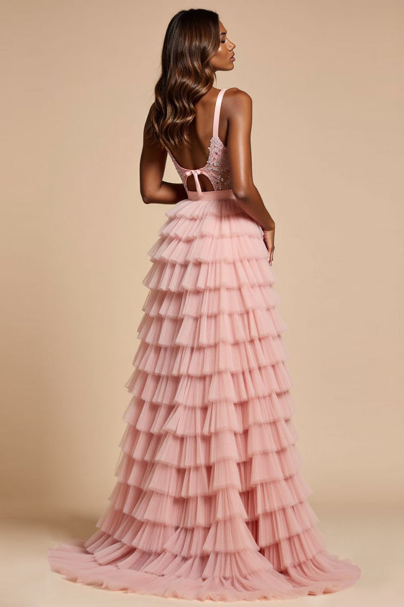 Load image into Gallery viewer, Blush Pink A Line Tulle Tiered Long Corset Prom Dress with Slit