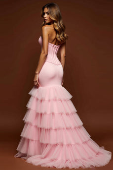 Blush Pink Mermaid Tulle Sweetheart Long Corset Prom Dress with Slit