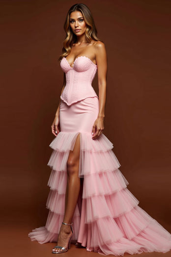 Blush Pink Mermaid Tulle Sweetheart Long Corset Prom Dress with Slit