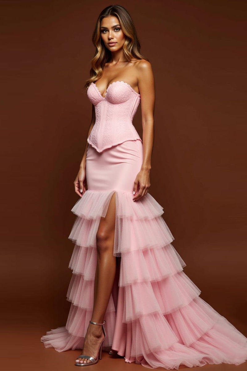 Load image into Gallery viewer, Blush Pink Mermaid Tulle Sweetheart Long Corset Prom Dress with Slit