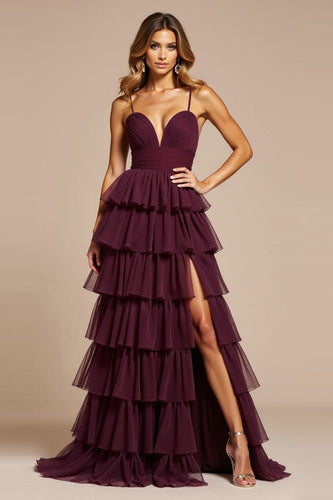 Purple A Line Tiered V-Neck Long Tulle Prom Dress with Slit