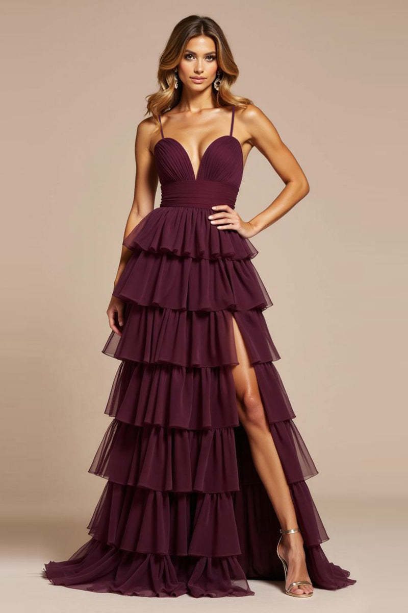 Load image into Gallery viewer, Purple A Line Tiered V-Neck Long Tulle Prom Dress with Slit